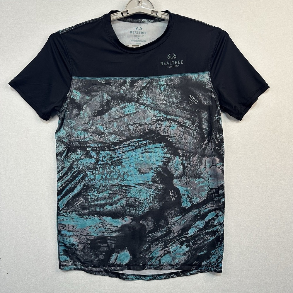 Realtree Fishing Shirt Men's Medium Aqua Blue And Black Recycled Polyester - Picture 1 of 6